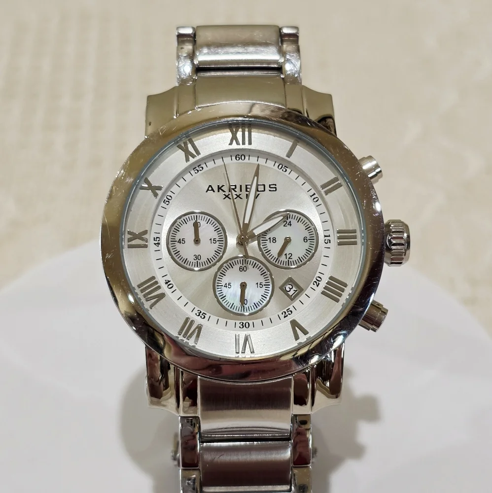 Akribos XXIV Grandiose Chronograph Large Men's Watch Stainless MOP Accent Runs